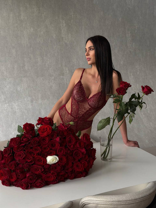 Jelesa JLS-BS316 Kadın Dantelli Bodysuit Bordo