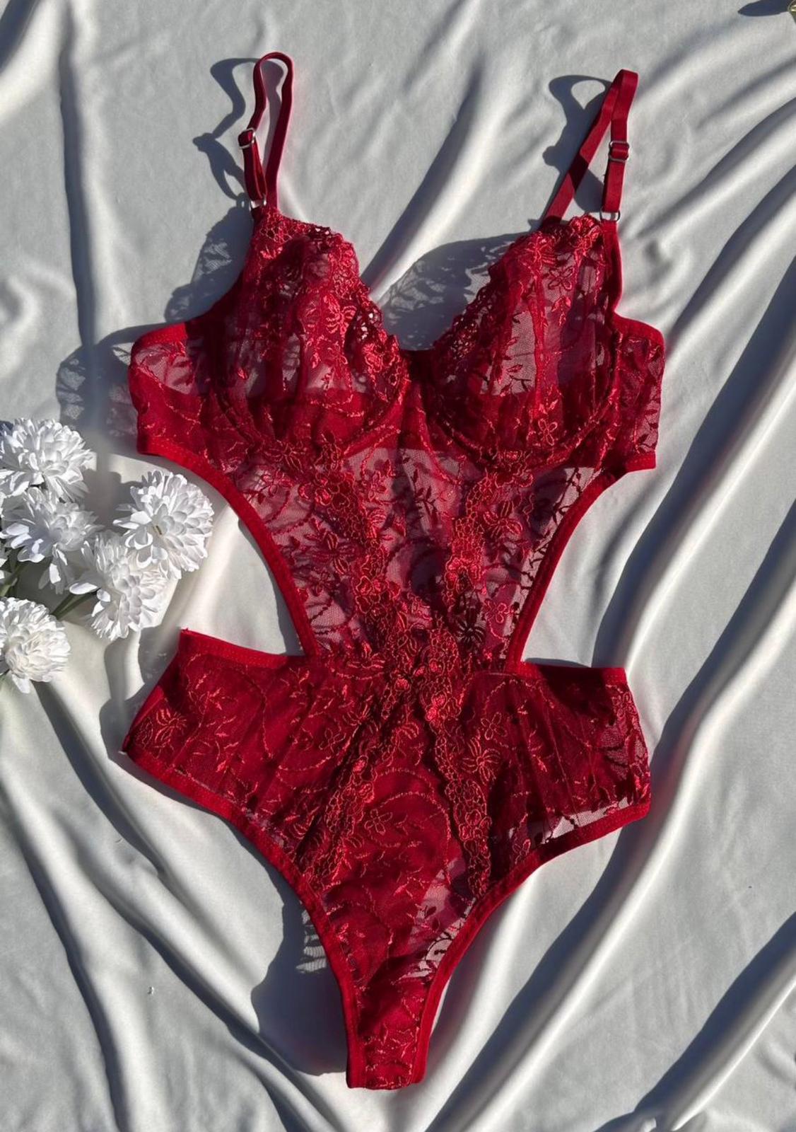 Jelesa JLS-BS318 Kadın Dantelli Bodysuit Kırmızı