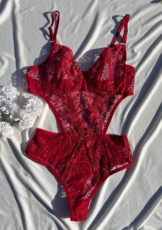 Jelesa JLS-BS318 Kadın Dantelli Bodysuit Kırmızı