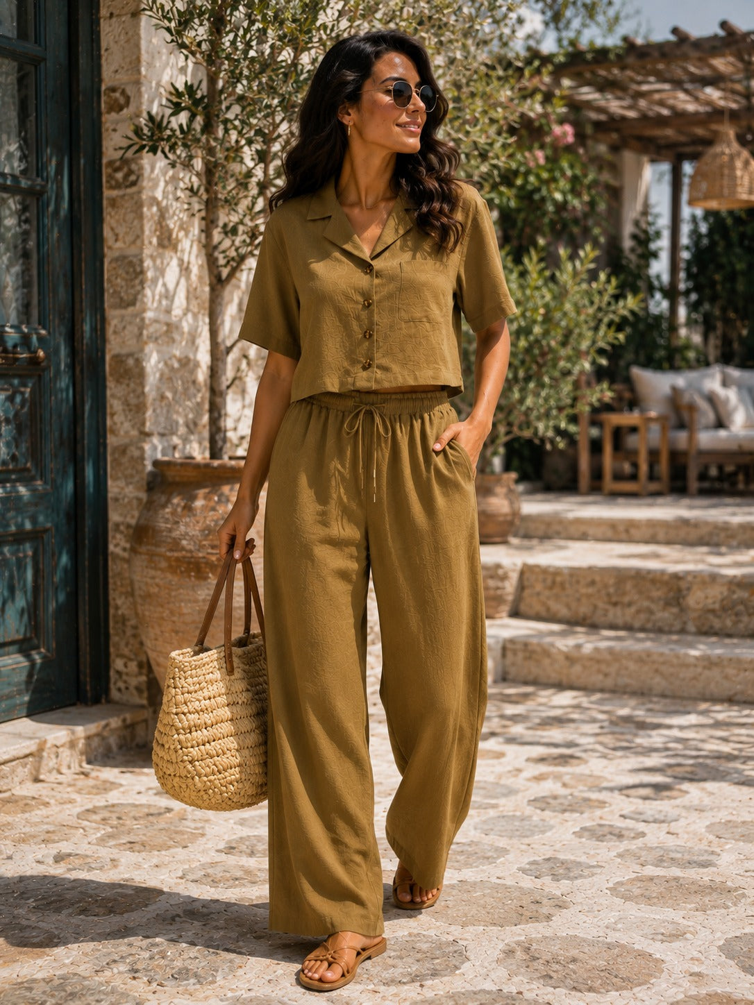Jelesa Kadın Keten Pantalonlu ve Önden Düğmeli Gömlek Alt Üst Takım HARDAL